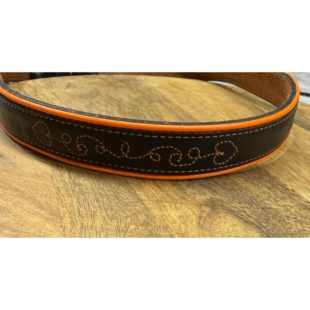 Panhandle Slim Western Belt 30 Black Leather Heart Stitch Orange Trim Buckle